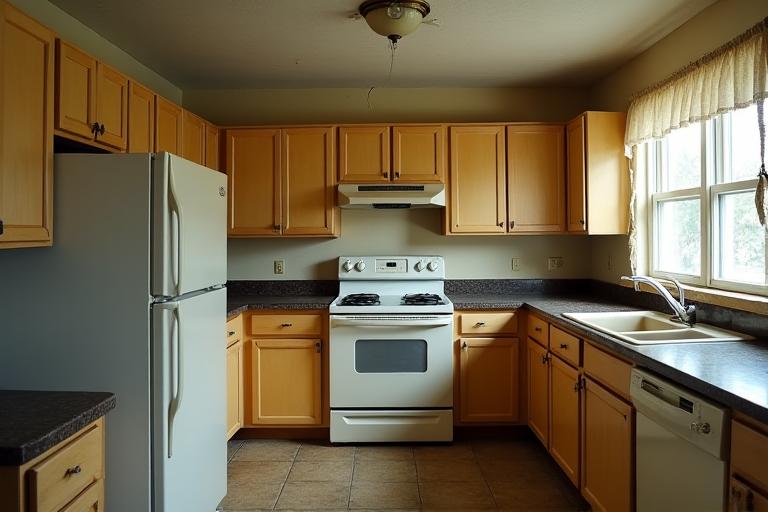 Before a kitchen renovation showing outdated cabinets and appliances