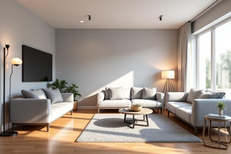 After a living room renovation with fresh light grey paint, new hardwood flooring, and updated lighting