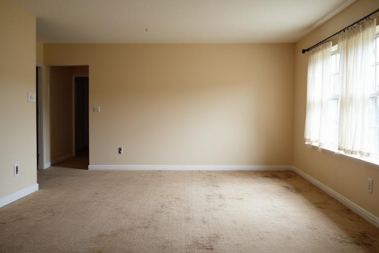 Before a living room renovation showing dull paint and worn carpet