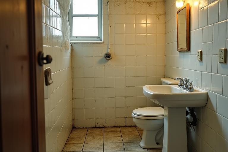 Before a bathroom renovation with old tiling and a small vanity